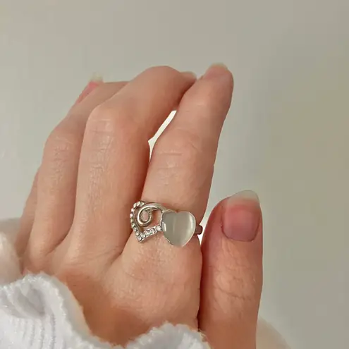 Boutique Double Heart Silver Rhinestone Moonstone Ring Iridescent Opaque Promise Girlhood Jewelry
