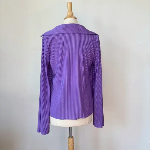 Lyaner Brand Retro Solid Purple Textured Cut Out Long Sleeve Collared Blouse