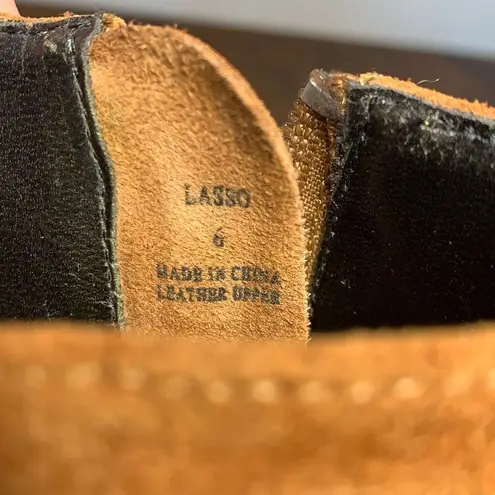 Wanted Lasso 3.5” heel black suede leather bootie size 6 Tan