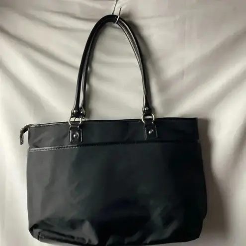 FRANKLIN COVEY VEGAN LEATHER BAG BLACK SILVER ACCENTS BLACK WHITE STRIPE LINING