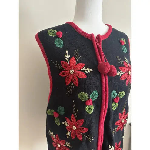 White Stag Vintage Y2K Christmas Sweater Vest Poinsettia Womens Medium Embroidered Beaded