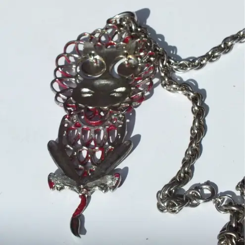 Large Red and Silver Lion Pendant on 20" Link Alloy Chain, Large Retro 1970s Style