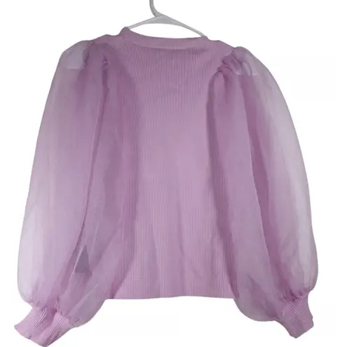 Tuckernuck Lilac Knit Betsy Blouse Size S NWT Sheer Puff Sleeve Stretchy Ribbed Purple