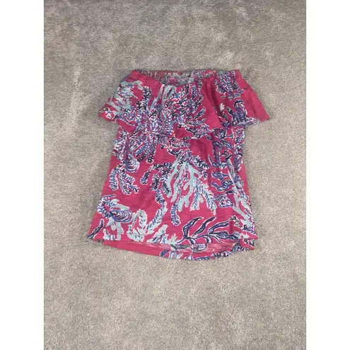 Lilly Pulitzer  wiley ruffle tube top blue pink coral xs‎ Cotton
