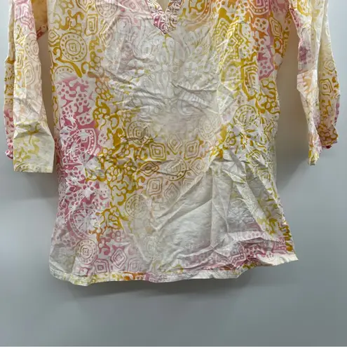 Robert Graham Split Neck Embroidered Textured Print Pink Yellow Ombre Top Size S - Image 3