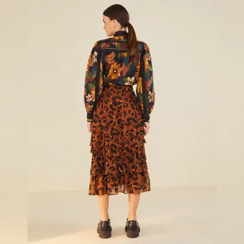 Farm Rio Caramel Maxi Leopard Frill Skirt XS