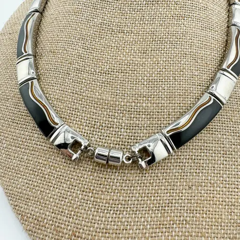 Vintage Avant Garde Wavy Black Gold Silver Tone Collar Necklace Bold Edgy Retro