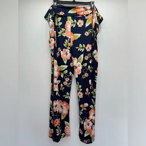 White Mark Navy with Peach Melon Flower Print Wide Leg Flowy Palazzo Pants 4X Blue
