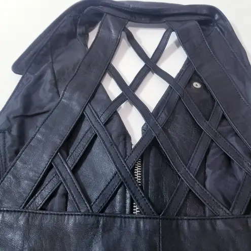 Vintage Diamond Plate Black Genuine Leather Biker Vest Halter Crop Top Zip Up Size XL