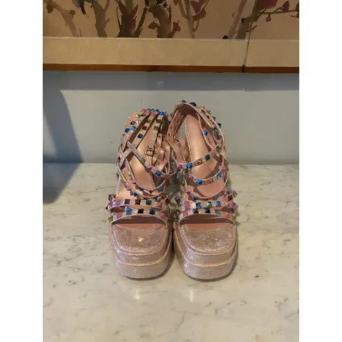 Azalea Wang Sugar High Shoes Womens Size 11 Platform Sandals Studded Holographic Pink