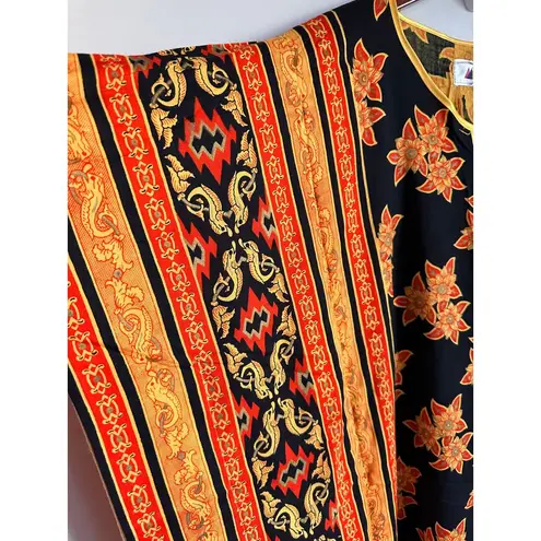 Vintage India Cotton Kaftan Caftan Floral/Fish Print full Length Orange Black Size M