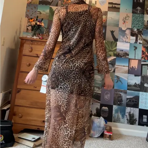 Vintage Leopard Print Mesh Long Cardigan Brown