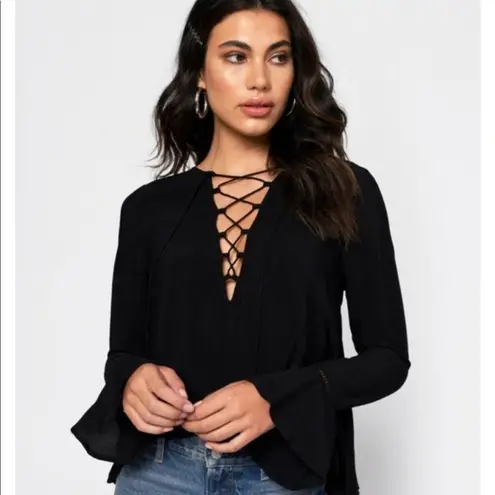 Tobi  Lexi Lace Up Bell Sleeve Long Sleeve Black Blouse Top Small