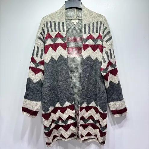 Debut  Tan Gray Maroon Aztec Geo Print Open Front Long Cardigan Size Small