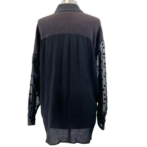 Cache Womens Blouse Black Burgundy Sequin Stripe Polka Dot Sheer Sleeves Size 2