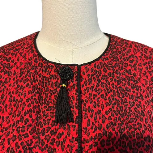 Vtg 80's Maggy London 100% Silk Jacket Womens Sz 14P Red Black Leopard Coat
