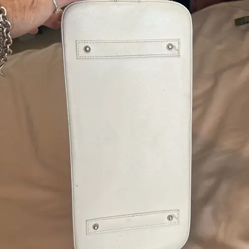 Pulcati white leather double zip double handle bowling bag style handbag GUC