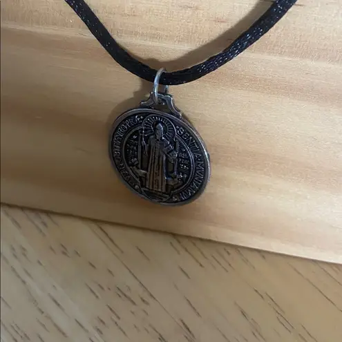 Vintage Saint Benedict Crucifix, Medal Necklace, Sterling Silver Jesus on back Gray