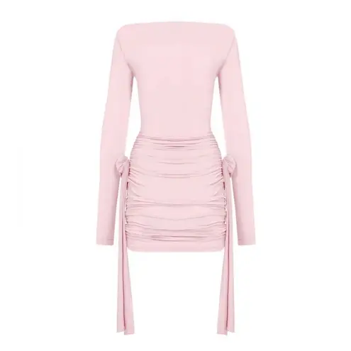 LIONESS NEW  Glory Blush Pink Long Sleeve Ruched Boat Neck Mini Bodycon Dress XS