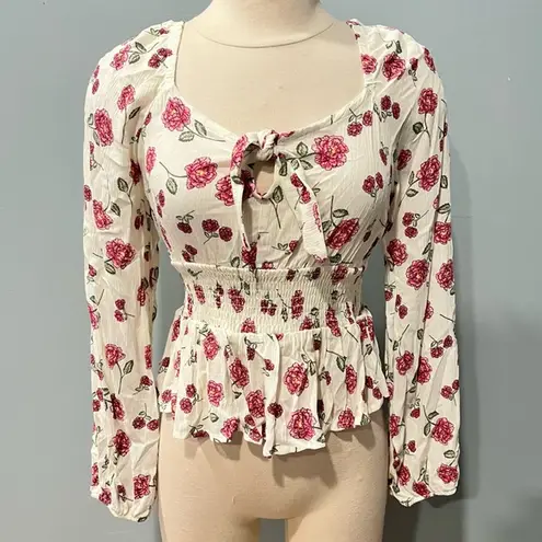 Planet Gold NWT White Floral Print Peplum Smocked Waist Bow Blouse Size Medium - Image 1