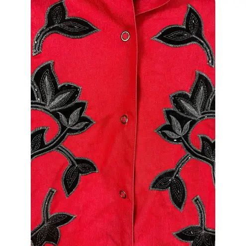 VTG Victor Costa Occasion 3X Red Black Velvet Collar Western Floral Snap Top
