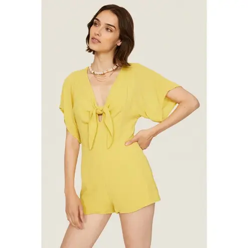 Louna Tie Romper Women's Small Yellow Mustard Short Flutter Sleeve V