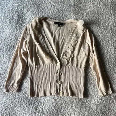 Nine West  Beige Button Down V Neck Scalloped Cardigan Sweater