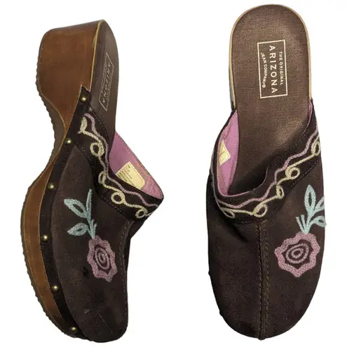 Vtg Y2K Arizona Brown Suede Pink Floral Embroidered Wooden Heel Studded Clogs 5 Size undefined