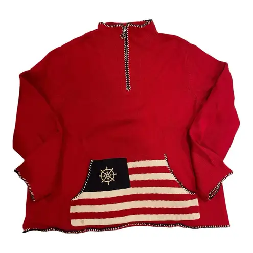 Villager 90’s-y2k Red 1/4 zip chunky nautical kangaroo pocket sweater USA flag striped