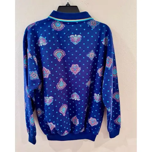 Vintage Gianni Blue Patterned Polo Collar Pullover Sweatshirt Small Granny