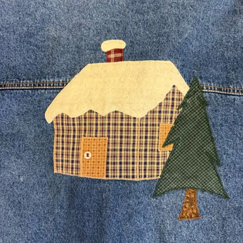 Vintage Cabincore Denim Barn Jacket with Moose cabin and tree Accents, size XL Blue