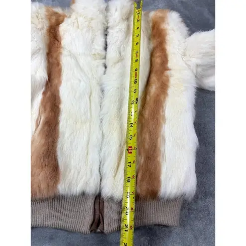 Women's Rabbit Fur Jacket 14 White Brown Lined Long Sleeve Full Zip Mock Neck