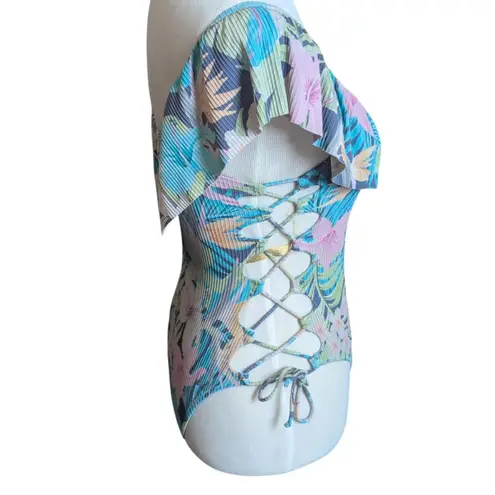 Tinibikini Swimwear Tropical Floral Ruffle Scallop One Piece Swimsuit XS