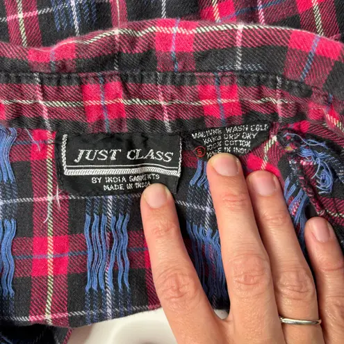 Vintage Red Plaid Button Up Top Cotton Womens S Long Sleeve Flannel Shirt VTG