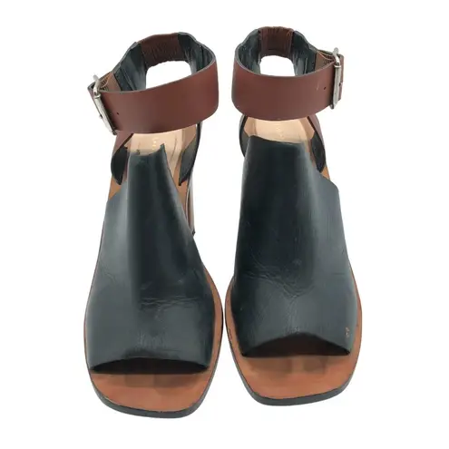 Loeffler Randall Maisy Colorblock Leather Sandal Block Heel Black Brown Size 7