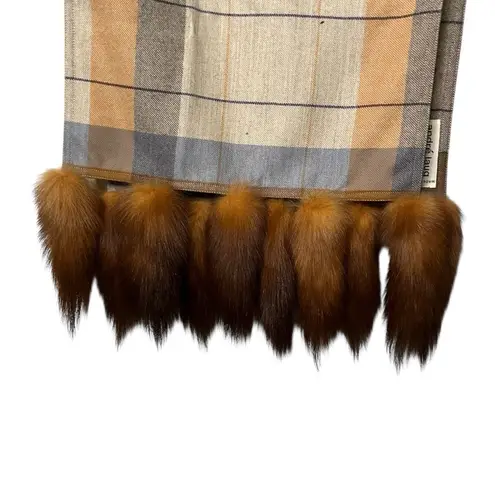 Vintage André Laug for Audrey Plaid Wool Scarf w/ Real Fox Tail Trim