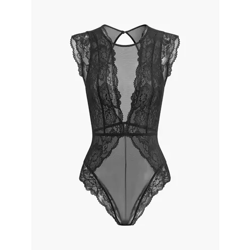 Commense Semi Sheer Backless Lace Bodysuit Stretch Black Mesh Medium