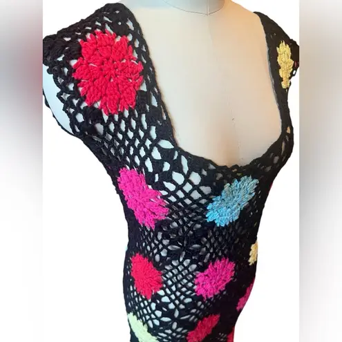 Tach Clothing Hand Knitted Flower Crochet Mini Dress Black Multi Color Size L Size L