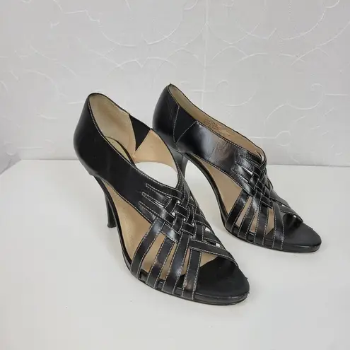 Ellen Tracy Ventura Womens Shoes Size 8 Black Leather Peep Toe Strappy Heels