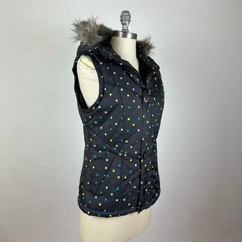 Burton Black Button Hooded Faux Fur Vest Multicolor Pattern Size 19