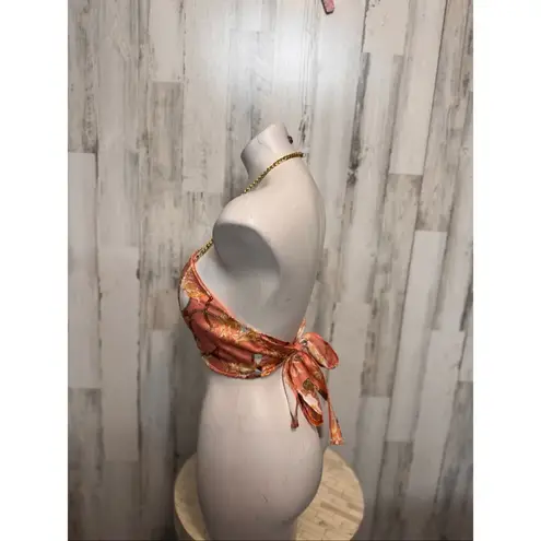 Penelope Boutique Satin Chain Halter Crop Top Pink Baroque Scarf Tie Back – Size Orange Size M