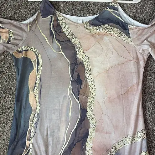 Marble Print Multicolor Shoulder Cut Out Dress Size L