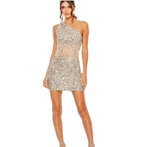 Mac Duggal 93552 Women ONE SHOULDER SHEER HAND BEADED MINI DRESS