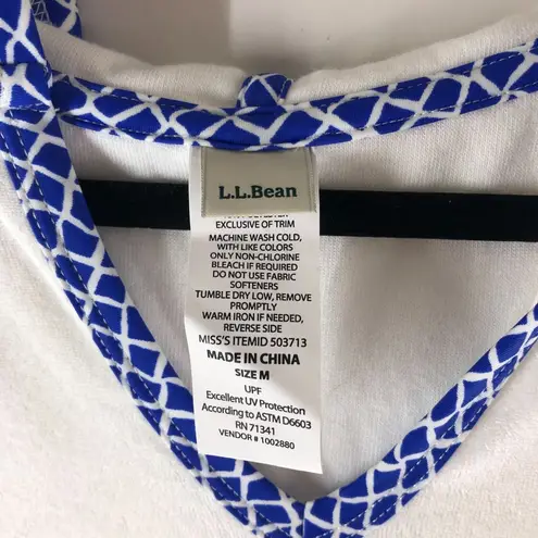 LL Bean Womens Swim Cover Dress Hooded Long Sleeve Terrycloth White Blue M Size M
