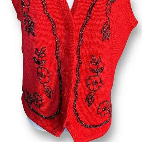 Vintage 90s Embroidered Sweater Vest Red Beaded Dark Floral Printed Knit Vneck Size M