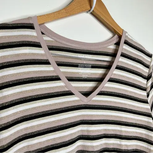 Nine West  Soft Spun V Neck Striped Tee Top Women’s  Large Metallic Business Cas