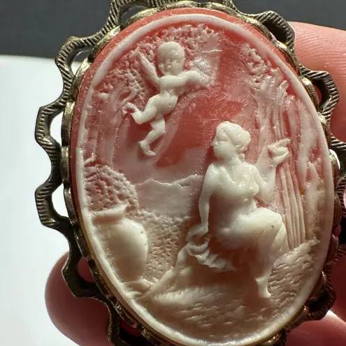 Vintage Cupid Cameo Brooch Pin Gold Tone Angel Fairy Flying Over Woman