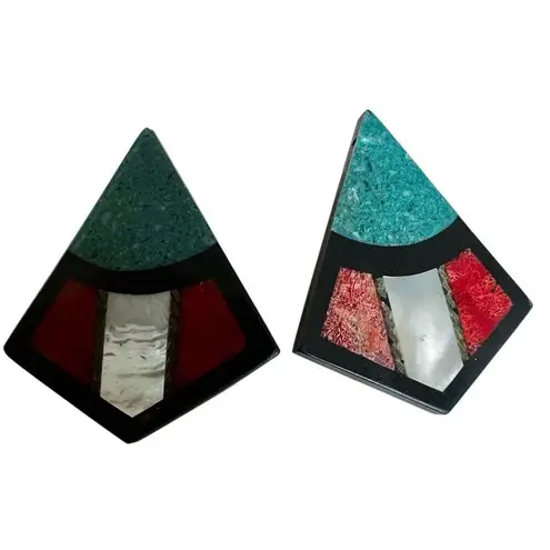 Vintage Inlaid Geometric Earrings – Aztec Art Deco Style Studs Blue