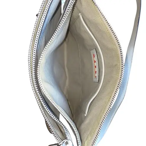 Marni Bandolier Crossbody Bag Gray Leather Silvertone Hardware Zip Top Messenger