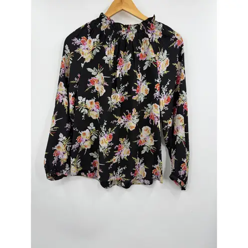 Rebecca Taylor Boquet Black Floral Silk Smocked Neck Long Sleeve Blouse Size S